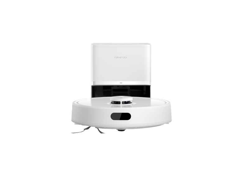 Robot aspirateur blanc avec base ronde et station de charge.