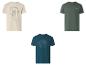 Trois t-shirts homme: beige avec tortue, vert avec 'Thrive in the unknown' et bleu avec 'Sunshine'.