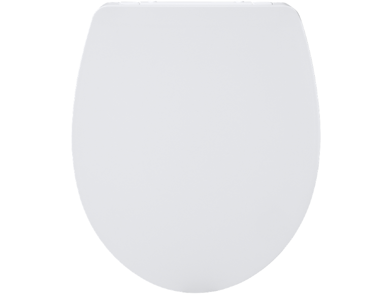 Abattant de toilettes blanc, vu de dessus.
