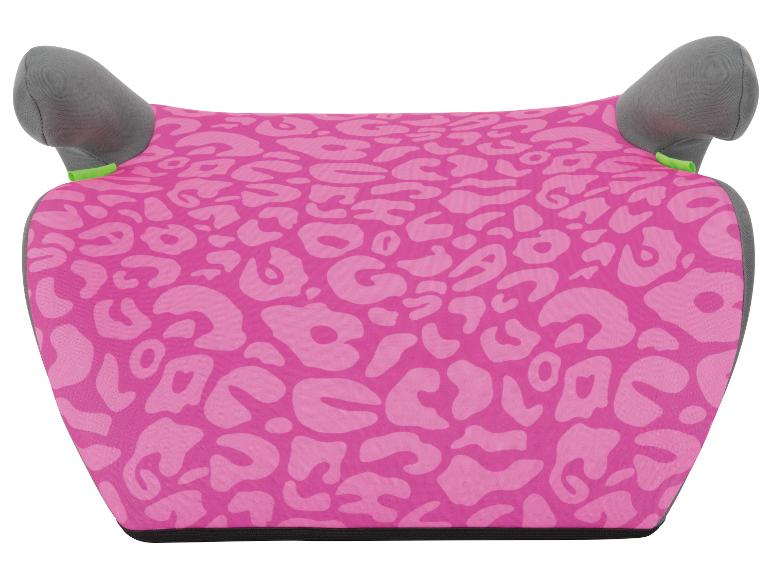 Siège rehausseur rose à motif léopard avec accoudoirs gris.