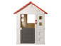 Une maison de jeu Smoby blanche avec un toit rouge.