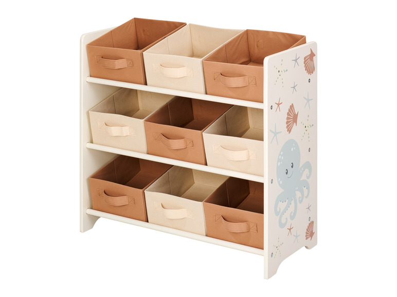 Un étagère en bois blanc avec 9 paniers de rangement beige et marron, décorés d'une pieuvre et d'étoiles de mer.