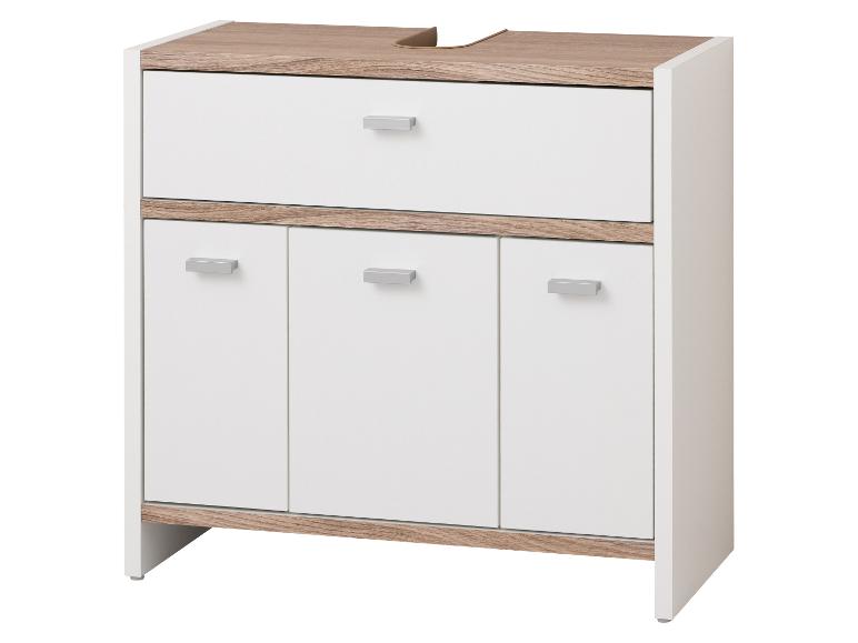Meuble sous-lavabo blanc et bois clair avec un tiroir et trois portes.