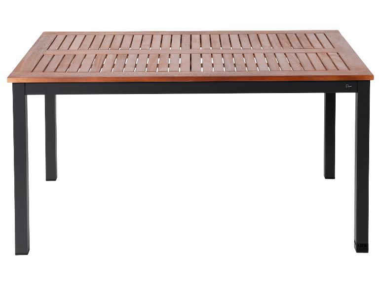 Table de jardin en bois Livarno Home avec cadre en métal noir.