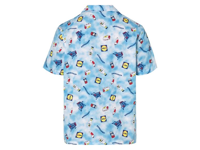Chemise à manches courtes bleue à motif Lidl : chariots, saucissons et conserves.