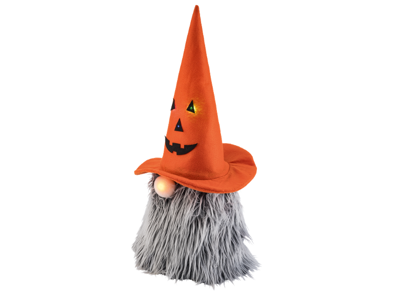 Nain d'Halloween avec chapeau citrouille orange et nez lumineux.