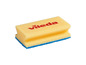 Éponge jaune avec un bord bleu, marque Vileda.