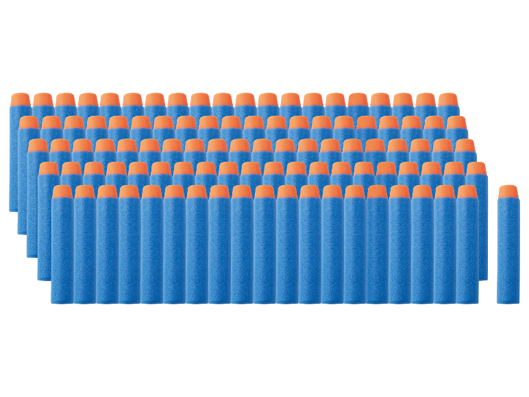 Des fléchettes Nerf bleues avec des pointes oranges disposées en rangées.