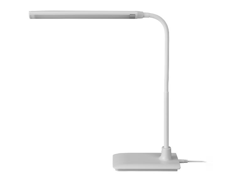 Lampe de bureau LED blanche avec col flexible et base rectangulaire.