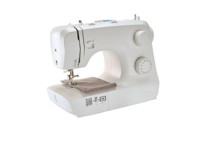 Machine à coudre blanche compacte sur fond blanc.