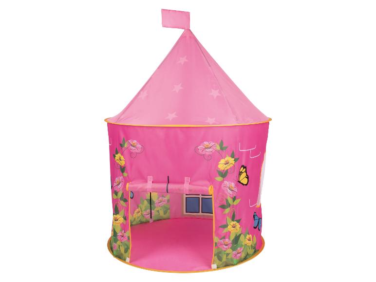 Une tente de jeu rose avec des fleurs et des papillons.