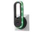 Veilleuse LED noire avec éclairage vert, branchée sur une prise blanche.
