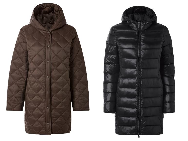 Deux doudounes : une marron matelassée et une noire brillante.