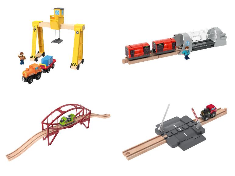 Ensembles de trains jouets en bois et accessoires, incluant une grue, un tunnel, un pont et un passage à niveau.