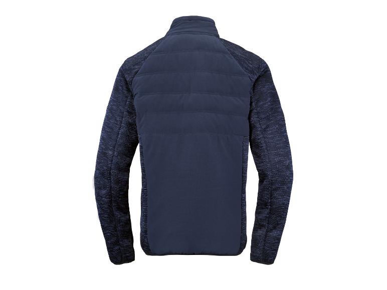 Une veste en polaire bleu marine avec un devant uni et des manches rayées.