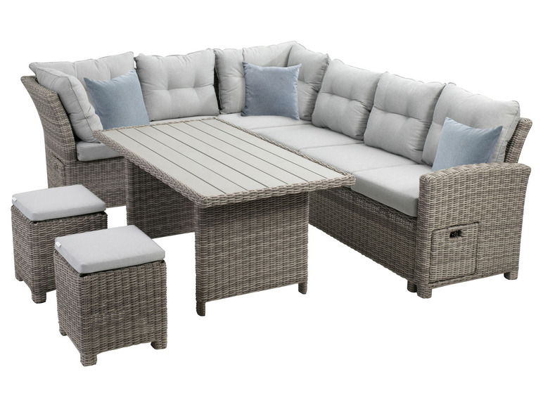Salon de jardin en rotin avec table et poufs