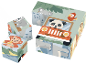Puzzle de cubes avec des motifs d'animaux, dont un panda en voiture et un koala dans un arbre.