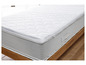 Un matelas blanc avec une couche supérieure matelassée, sur un sommier en bois.
