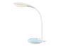 Lampe de bureau LED blanche avec base bleue ; éclairage ambiance.