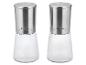 Deux moulins à épices en verre avec des capuchons en acier.