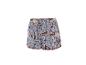 Shorts femme à imprimé cachemire bleu et marron, avec bordure à pompons.
