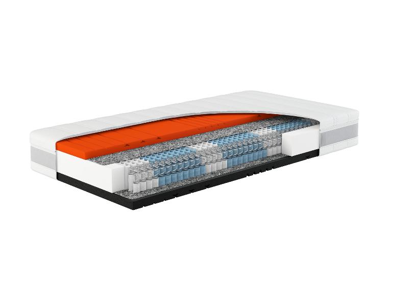 Matelas en coupe transversale montrant des couches de mousse orange, de ressorts et de rembourrage gris.