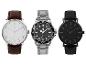 Trois montres avec des bracelets en cuir et des cadrans argentés.