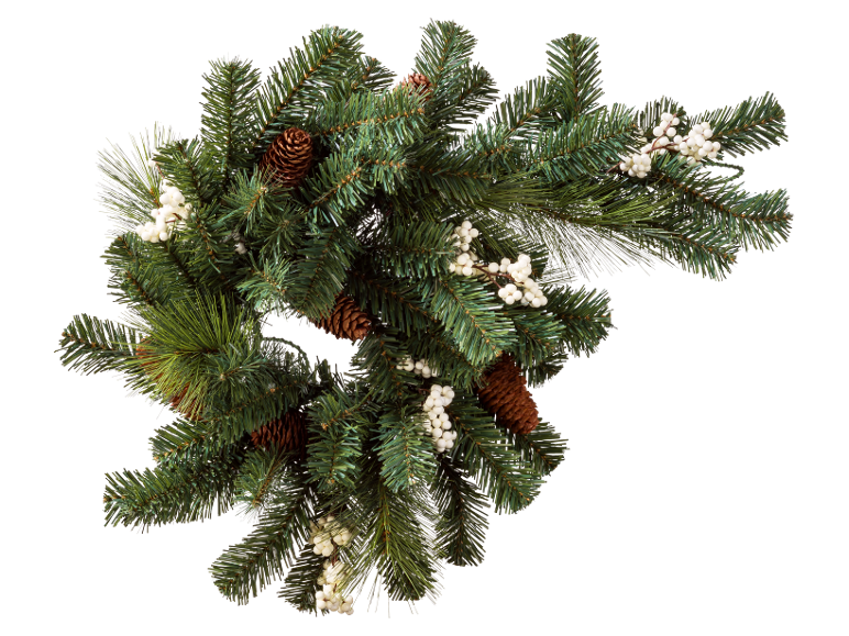Couronne de Noël festive avec branches de pin, pommes de pin et baies blanches sur fond noir