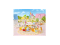 Figurines d'animaux jouant avec un stand de jus de fruits et des accessoires dans un décor de ville miniature.