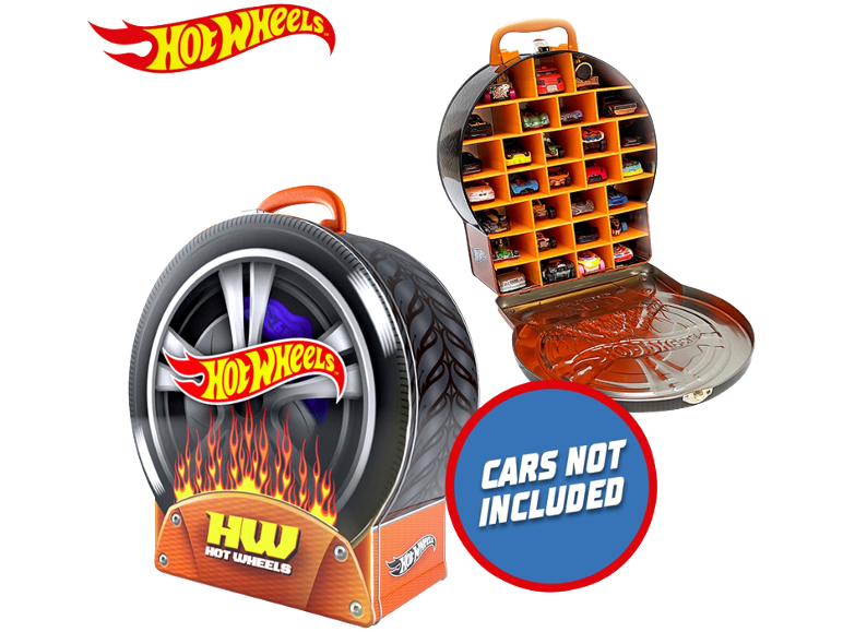 Mallette ronde pour voitures miniatures en forme de pneu avec flammes et compartiments.