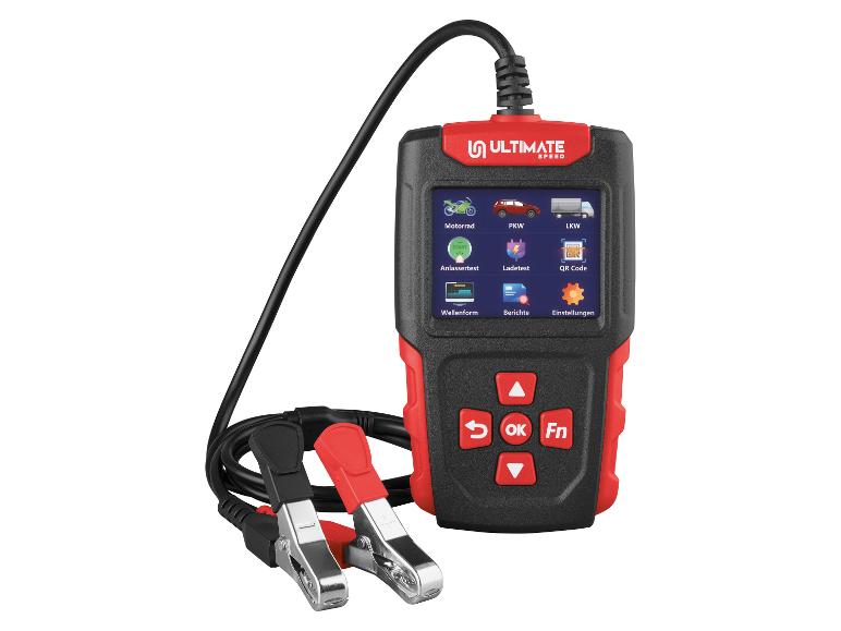 Testeur de batterie de voiture ULTIMATE SPEED avec pinces, écran numérique et boutons.