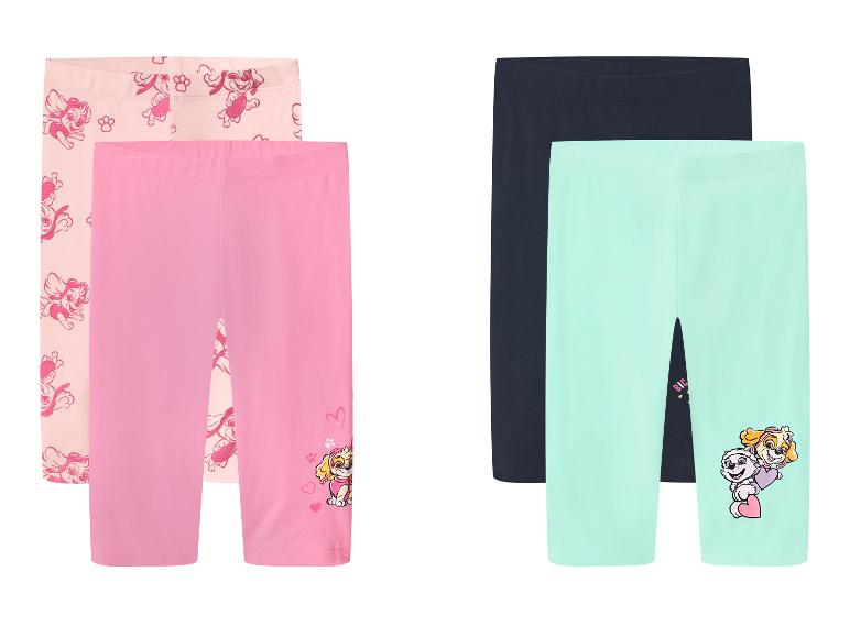 Lot de 4 leggings courts pour filles avec imprimés de chiots, en rose, beige, bleu marine et vert menthe.