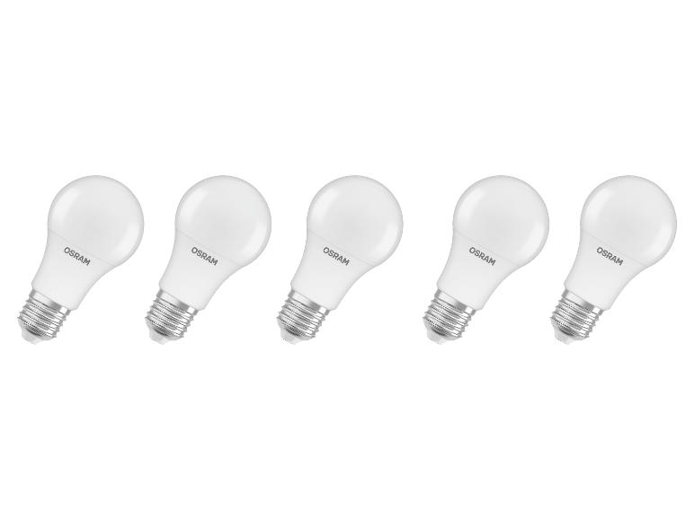Cinq ampoules LED blanches avec culot E27, alignées.