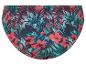 Maillot de bain bas, imprimé tropical, fleurs rouges et feuilles vertes.