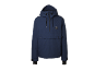 Veste anorak bleu foncé avec capuche, fermeture éclair et poches.