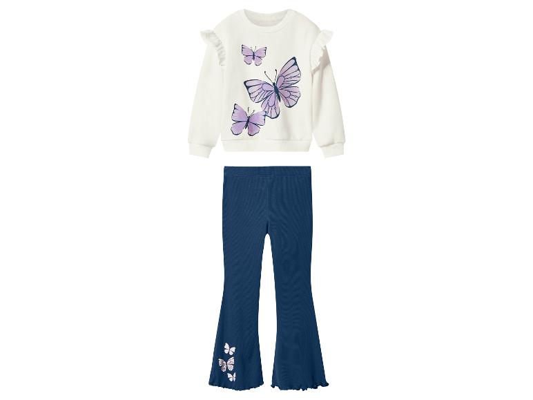 Sweat-shirt blanc enfant avec papillons et pantalon bleu à volants.