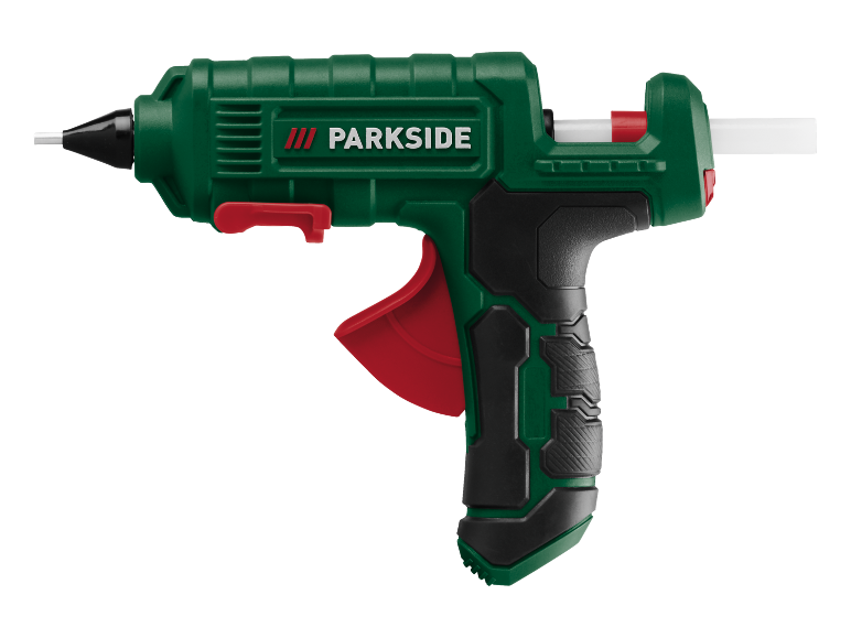 Pistolet à colle chaude vert et noir avec gâchette rouge et bâton de colle blanc.