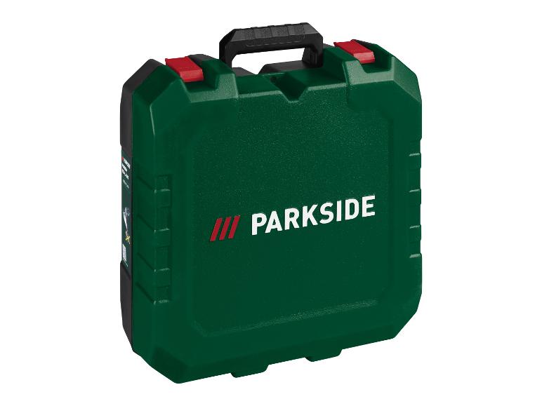 Mallette à outils verte Parkside avec poignée noire et fermoirs rouges.