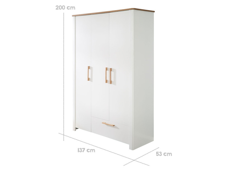 Armoire blanche à trois portes et un tiroir.