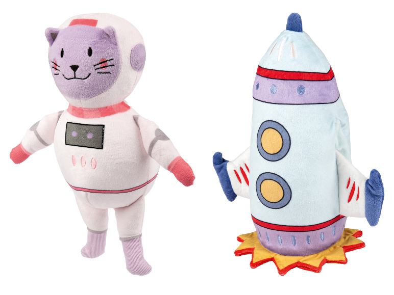 Jouets en peluche : chat astronaute et fusée.
