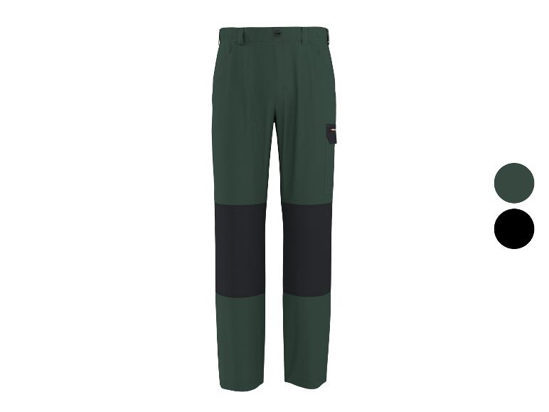 Pantalon de travail vert foncé pour homme avec empiècements noirs aux genoux.