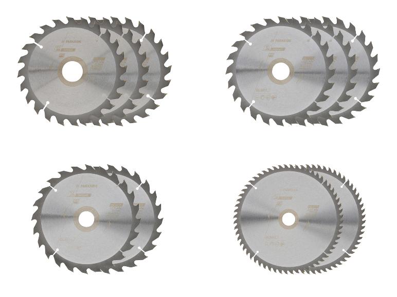 Quatre jeux de lames de scie pour le bois, avec les textes « WOOD » et « EN 847-1 ».