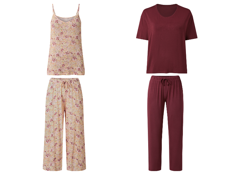 Deux ensembles de pyjamas pour femmes : imprimé floral et bordeaux.