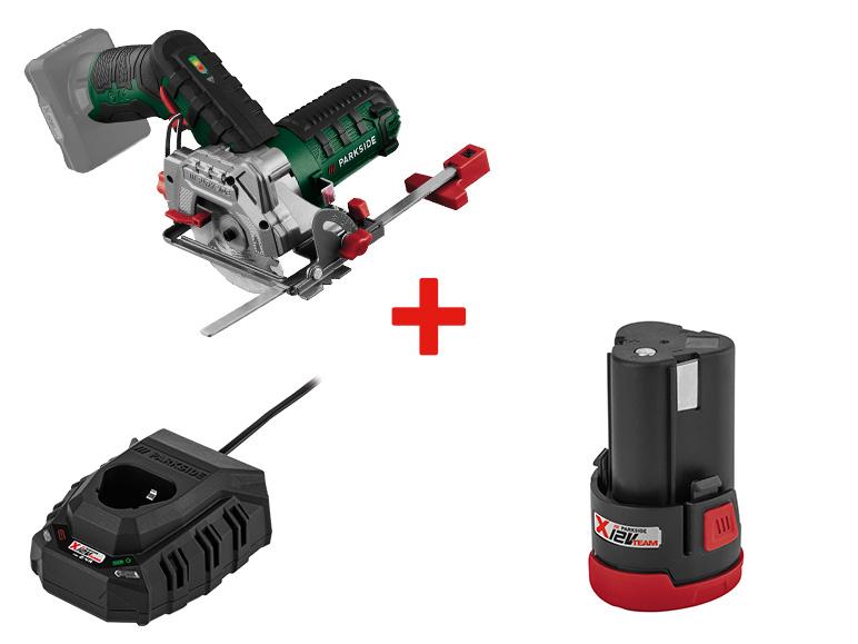 Scie circulaire sans fil Parkside avec batterie et chargeur.