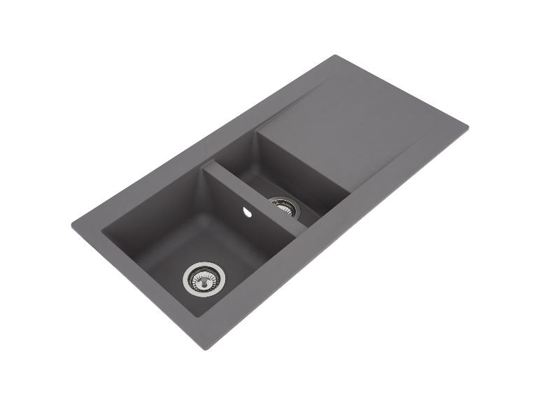 Évier de cuisine gris foncé avec deux bacs et un égouttoir.