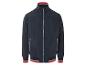 Une veste bomber bleu marine avec des détails rouges et gris.