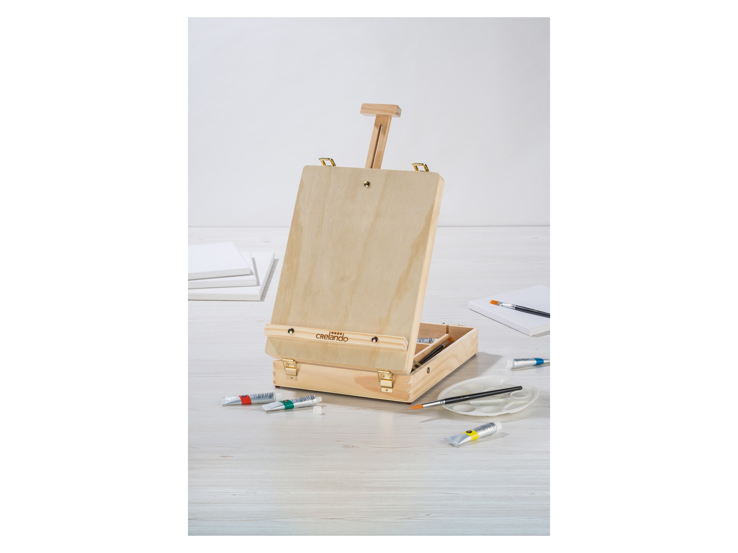 Mallette Chevalet De Table Luca En Pin FSC® - Pour Peinture Jusqu'à 60 Cm - Avec Rangement Ustensiles