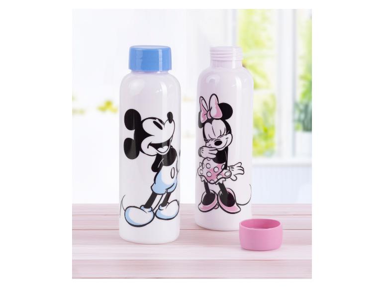Deux bouteilles d'eau blanches avec Mickey Mouse et Minnie Mouse
