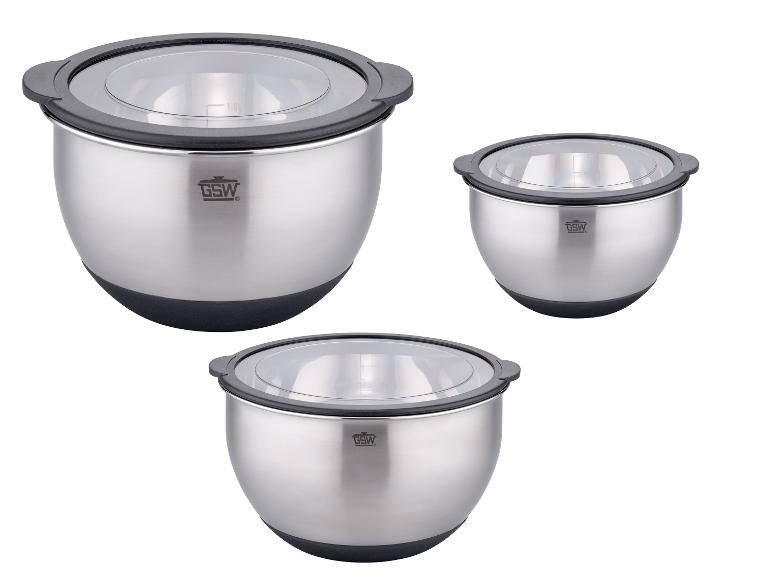 Trois bols en acier inoxydable GSW avec couvercles.