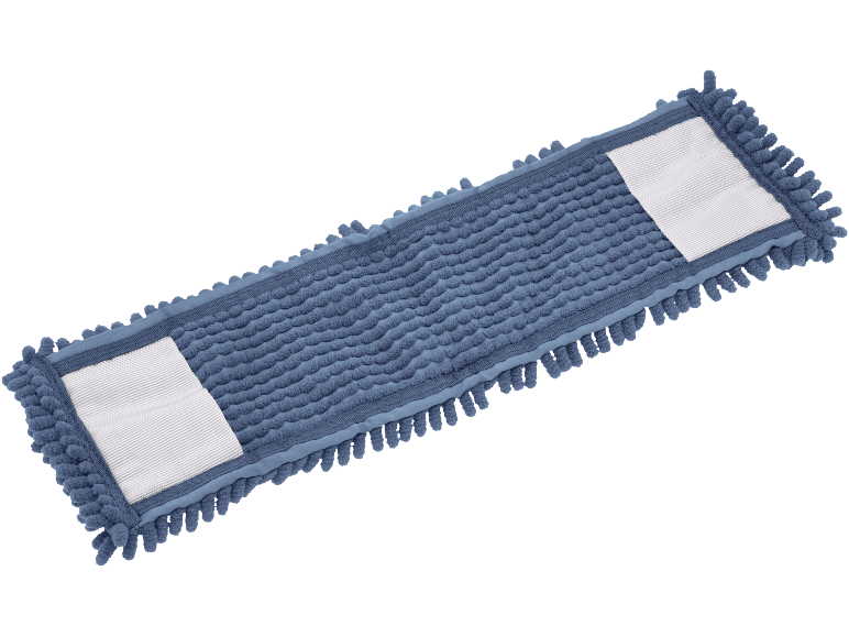 Serpillière en microfibre bleue avec des rayures texturées et des attaches velcro.